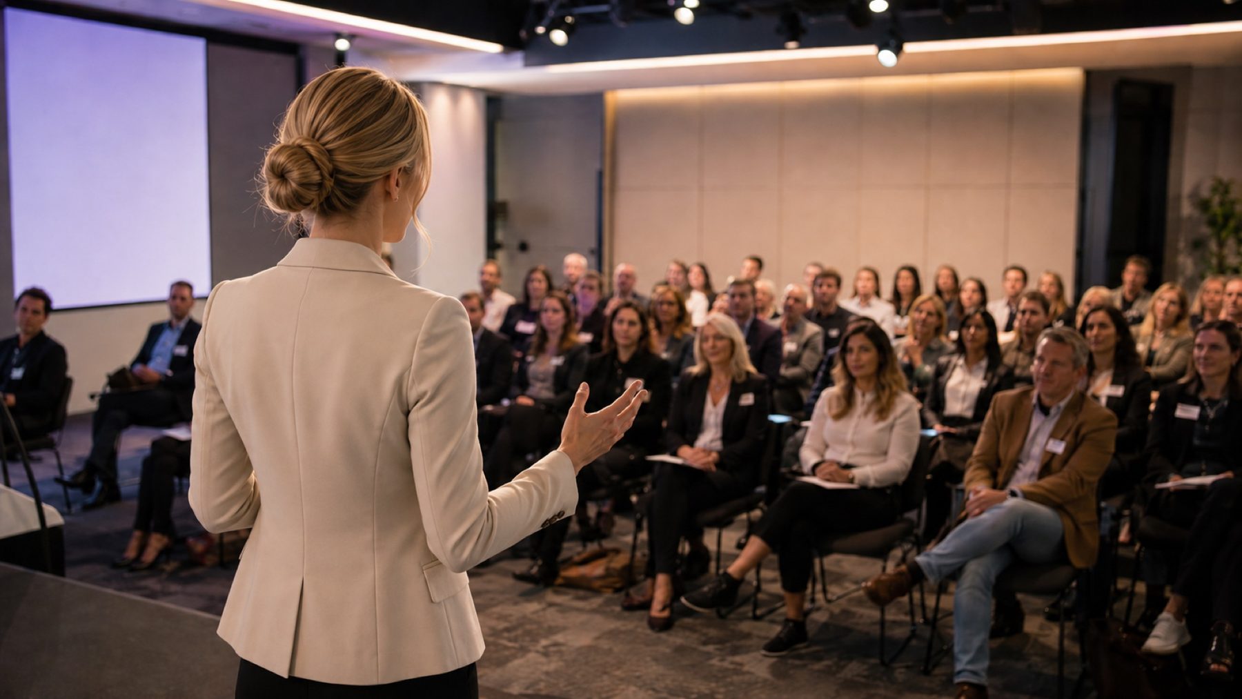 Jacqueline presenting to a full room of seated attendees